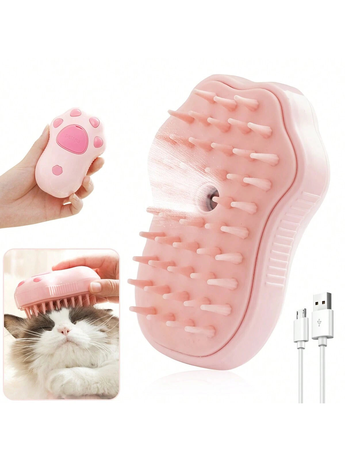 Cat Steamy Brush, 3 In1 Steamy Cat Brush, Cat Spray Massage Comb, Cat Grooming Brush for Removing Tangled and Loosse Hair, Anti-Flying Hair,Rechargeable Silicone Steam Pet Brush (Pink)