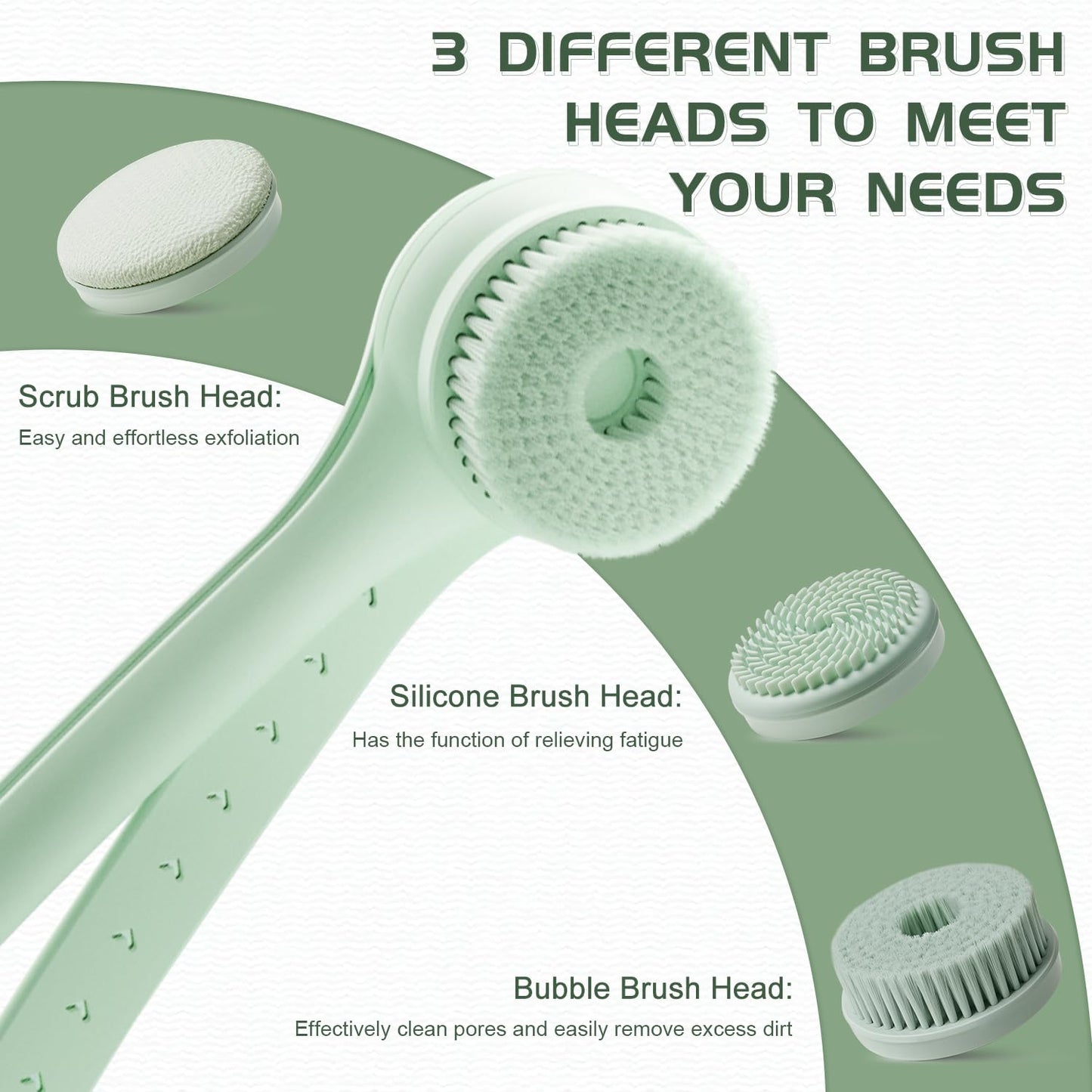 Body Scrubber Bath Brush, Electric Body Brush for Shower Back Scrubber,Equipped with IPX7 Waterproof Function,Inductive Charging,Dual Handle and a Rotating Skin Brush with 3 Brush Heads