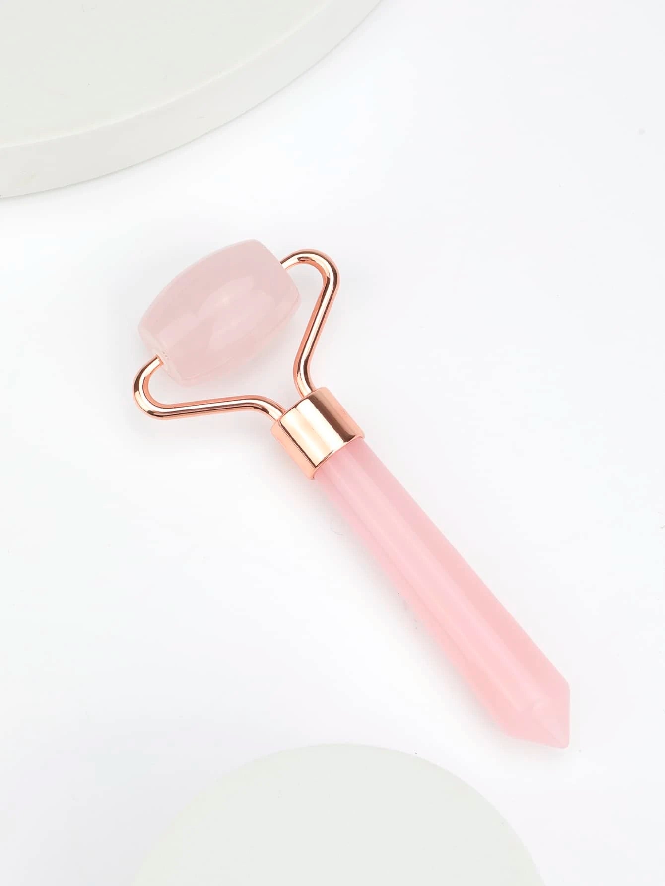 1Pc Rose Quartz Eye Massage Roller Natural Jade Roller Acrylic Handle Face Massager Facial Roller Facial Guasha Skin Care Tool Good Gift for Women