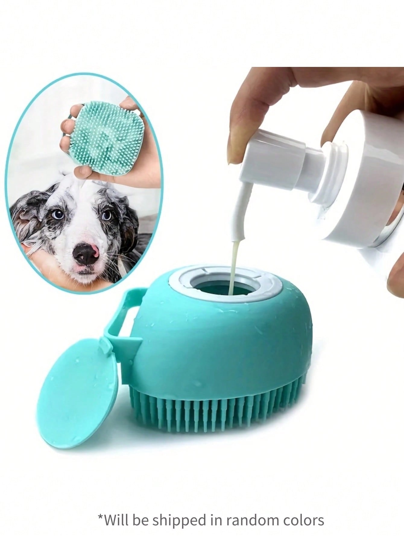 Pet Shampoo Brush, Silicone Massage Rubber Bath Comb with Shampoo Dispenser, for Dogs and Cats Grooming Tool, Random Color Delivery