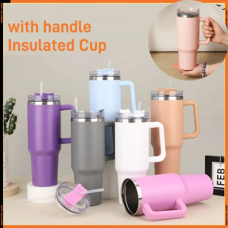 1200Ml Thermos Bottle Cold Ice Cute Stainless Steel Water Bottle Tumbler Strawwith Lid and Straw Stainless Steel Kettle Cup Gift