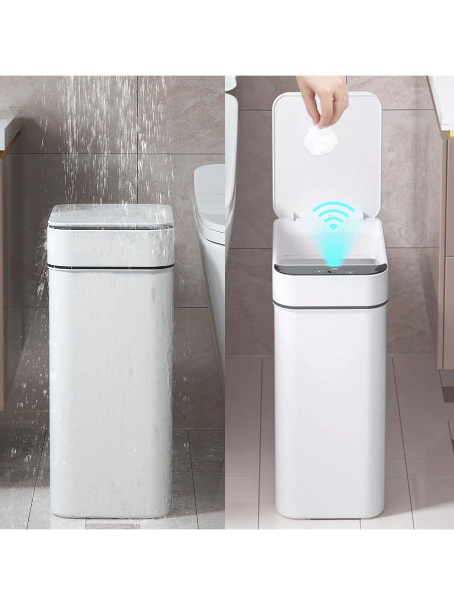 Automatic Motion Sensor Bathroom Trash Can with Lid, 2.7 Gallon Touchless Trash Bin, Electric Waterproof Narrow Small Rubbish Can, Smart Plastic Slim Garbage Can Small White& Grey Wastebasket for Kitchen, Toilet, Office, Rv, Bedroom, Living Room