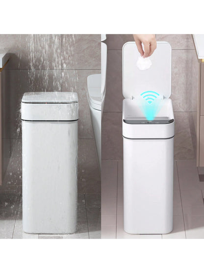 Automatic Motion Sensor Bathroom Trash Can with Lid, 2.7 Gallon Touchless Trash Bin, Electric Waterproof Narrow Small Rubbish Can, Smart Plastic Slim Garbage Can Small White& Grey Wastebasket for Kitchen, Toilet, Office, Rv, Bedroom, Living Room