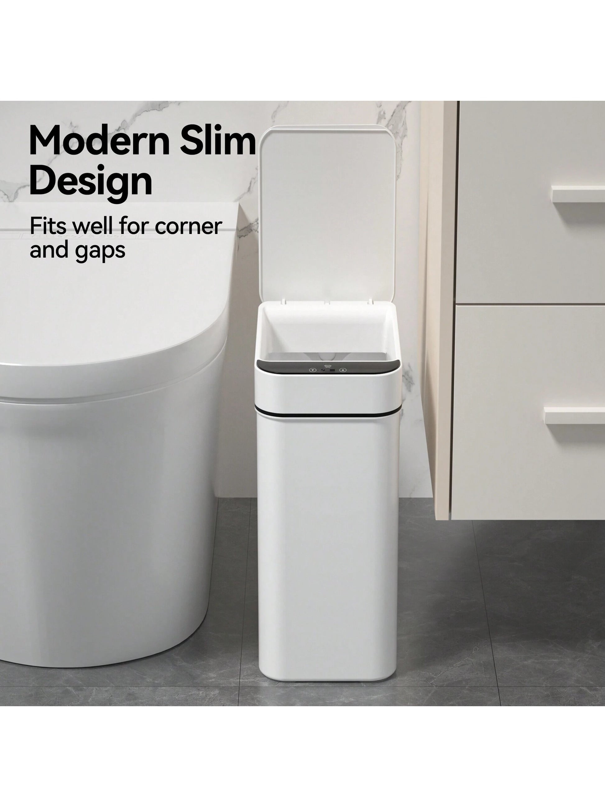 Automatic Motion Sensor Bathroom Trash Can with Lid, 2.7 Gallon Touchless Trash Bin, Electric Waterproof Narrow Small Rubbish Can, Smart Plastic Slim Garbage Can Small White& Grey Wastebasket for Kitchen, Toilet, Office, Rv, Bedroom, Living Room