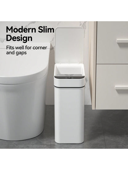 Automatic Motion Sensor Bathroom Trash Can with Lid, 2.7 Gallon Touchless Trash Bin, Electric Waterproof Narrow Small Rubbish Can, Smart Plastic Slim Garbage Can Small White& Grey Wastebasket for Kitchen, Toilet, Office, Rv, Bedroom, Living Room