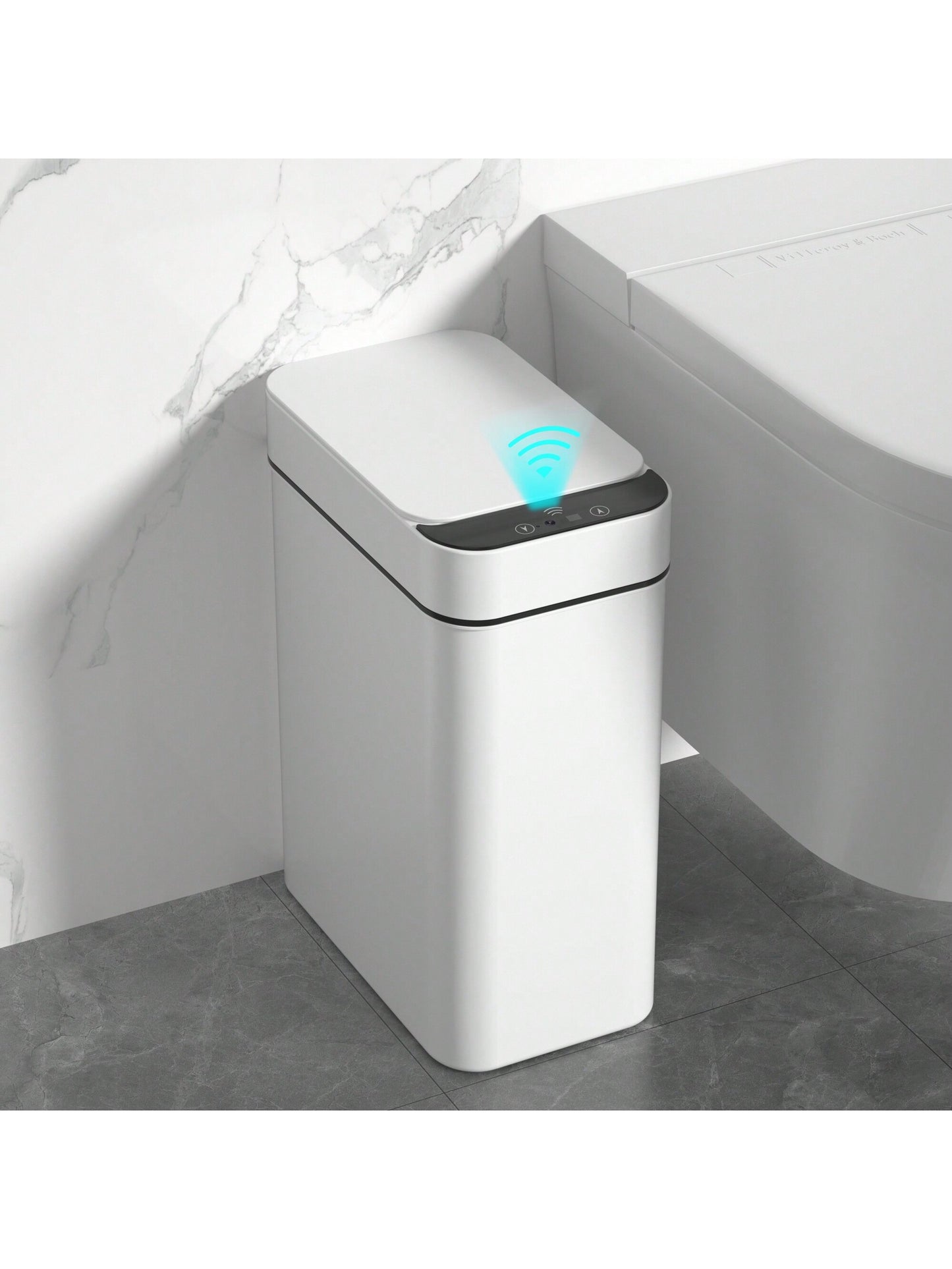 Automatic Motion Sensor Bathroom Trash Can with Lid, 2.7 Gallon Touchless Trash Bin, Electric Waterproof Narrow Small Rubbish Can, Smart Plastic Slim Garbage Can Small White& Grey Wastebasket for Kitchen, Toilet, Office, Rv, Bedroom, Living Room