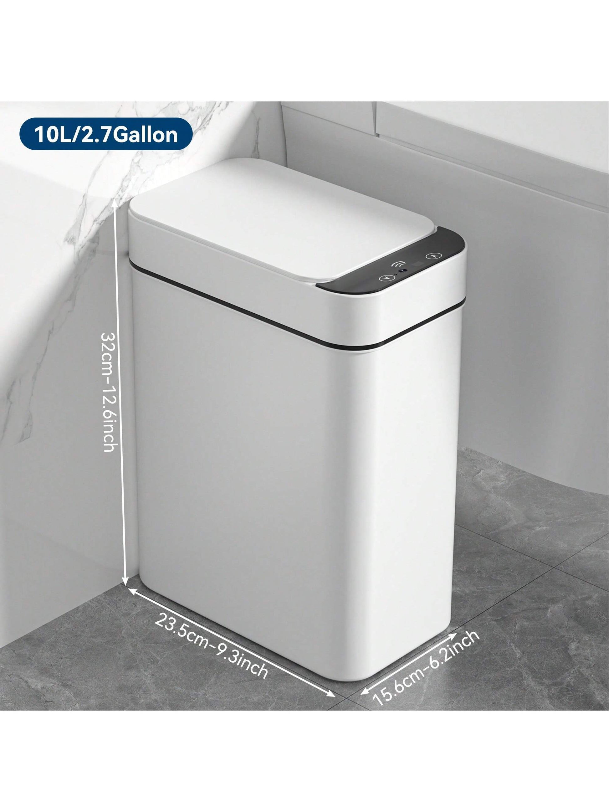 Automatic Motion Sensor Bathroom Trash Can with Lid, 2.7 Gallon Touchless Trash Bin, Electric Waterproof Narrow Small Rubbish Can, Smart Plastic Slim Garbage Can Small White& Grey Wastebasket for Kitchen, Toilet, Office, Rv, Bedroom, Living Room