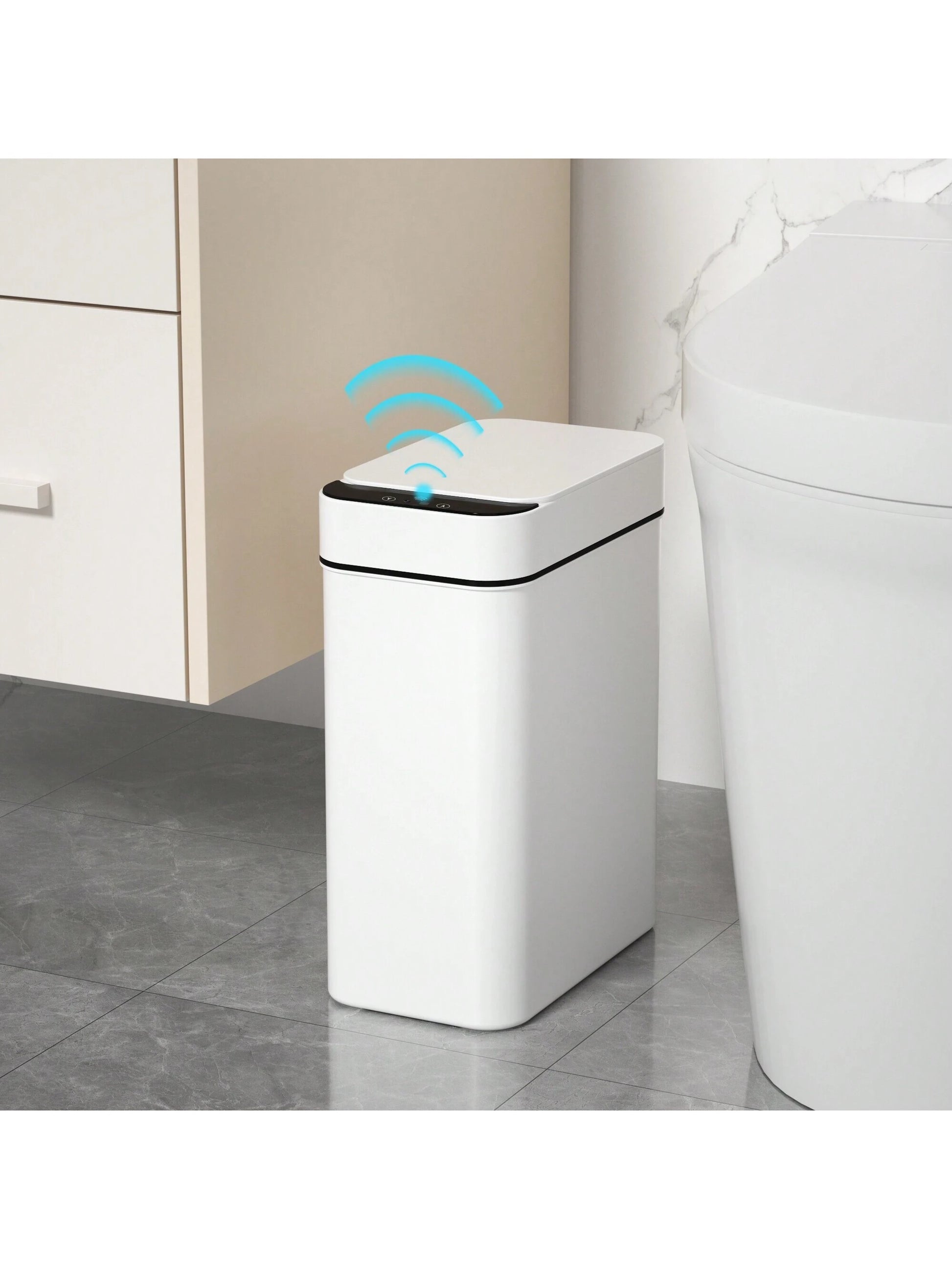 Automatic Motion Sensor Bathroom Trash Can with Lid, 2.7 Gallon Touchless Trash Bin, Electric Waterproof Narrow Small Rubbish Can, Smart Plastic Slim Garbage Can Small White& Grey Wastebasket for Kitchen, Toilet, Office, Rv, Bedroom, Living Room