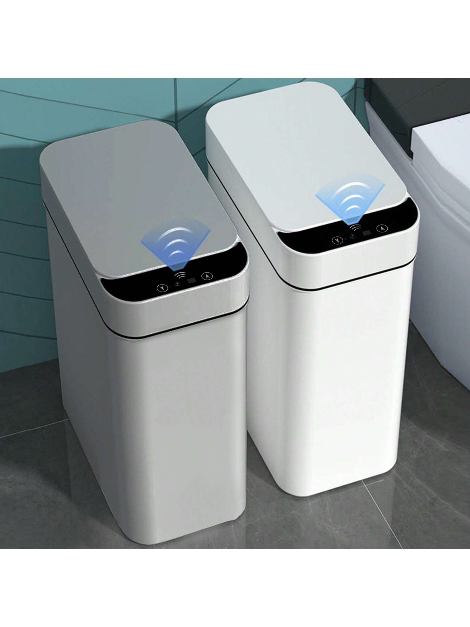 Automatic Motion Sensor Bathroom Trash Can with Lid, 2.7 Gallon Touchless Trash Bin, Electric Waterproof Narrow Small Rubbish Can, Smart Plastic Slim Garbage Can Small White& Grey Wastebasket for Kitchen, Toilet, Office, Rv, Bedroom, Living Room