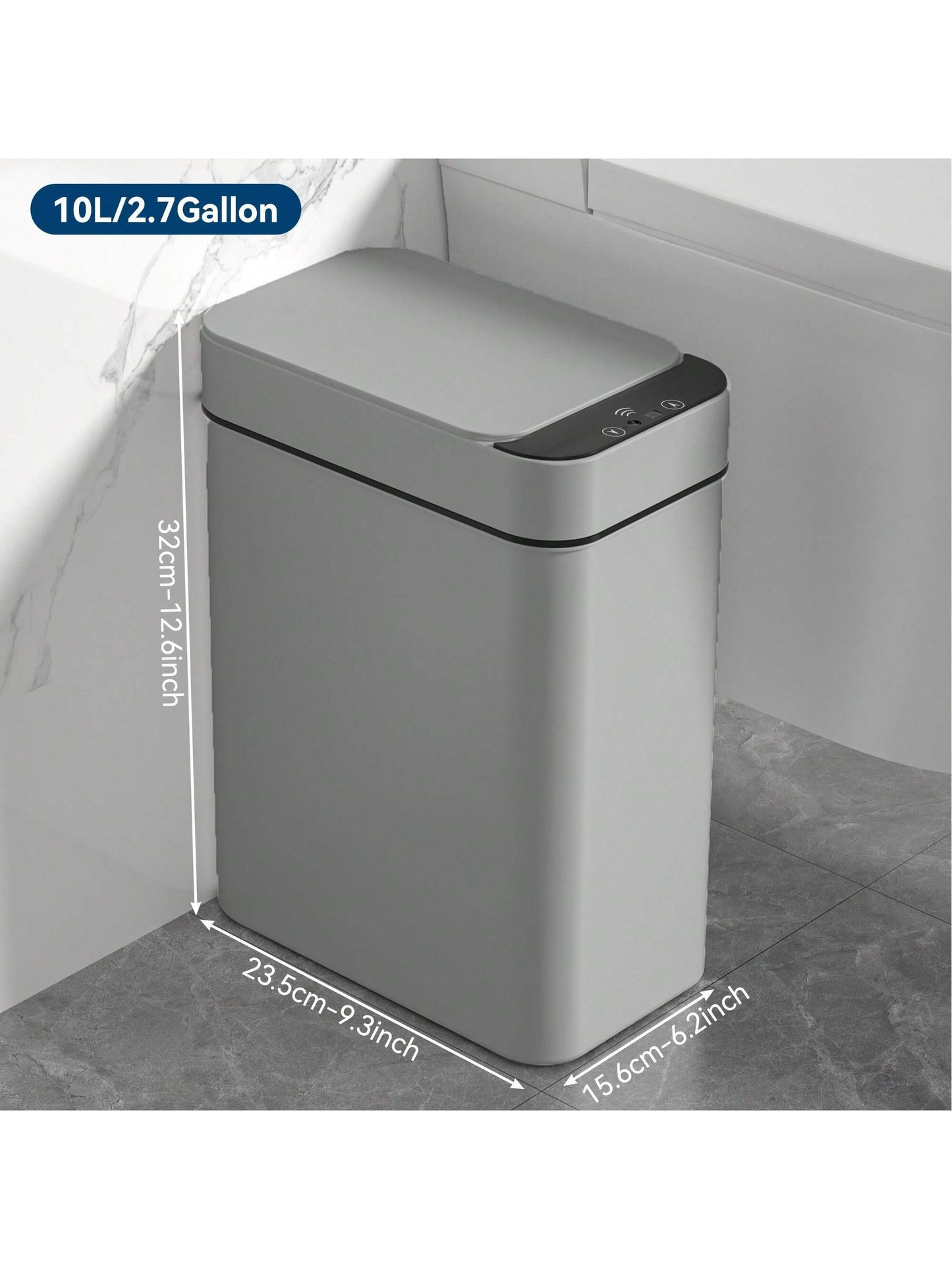 Automatic Motion Sensor Bathroom Trash Can with Lid, 2.7 Gallon Touchless Trash Bin, Electric Waterproof Narrow Small Rubbish Can, Smart Plastic Slim Garbage Can Small White& Grey Wastebasket for Kitchen, Toilet, Office, Rv, Bedroom, Living Room