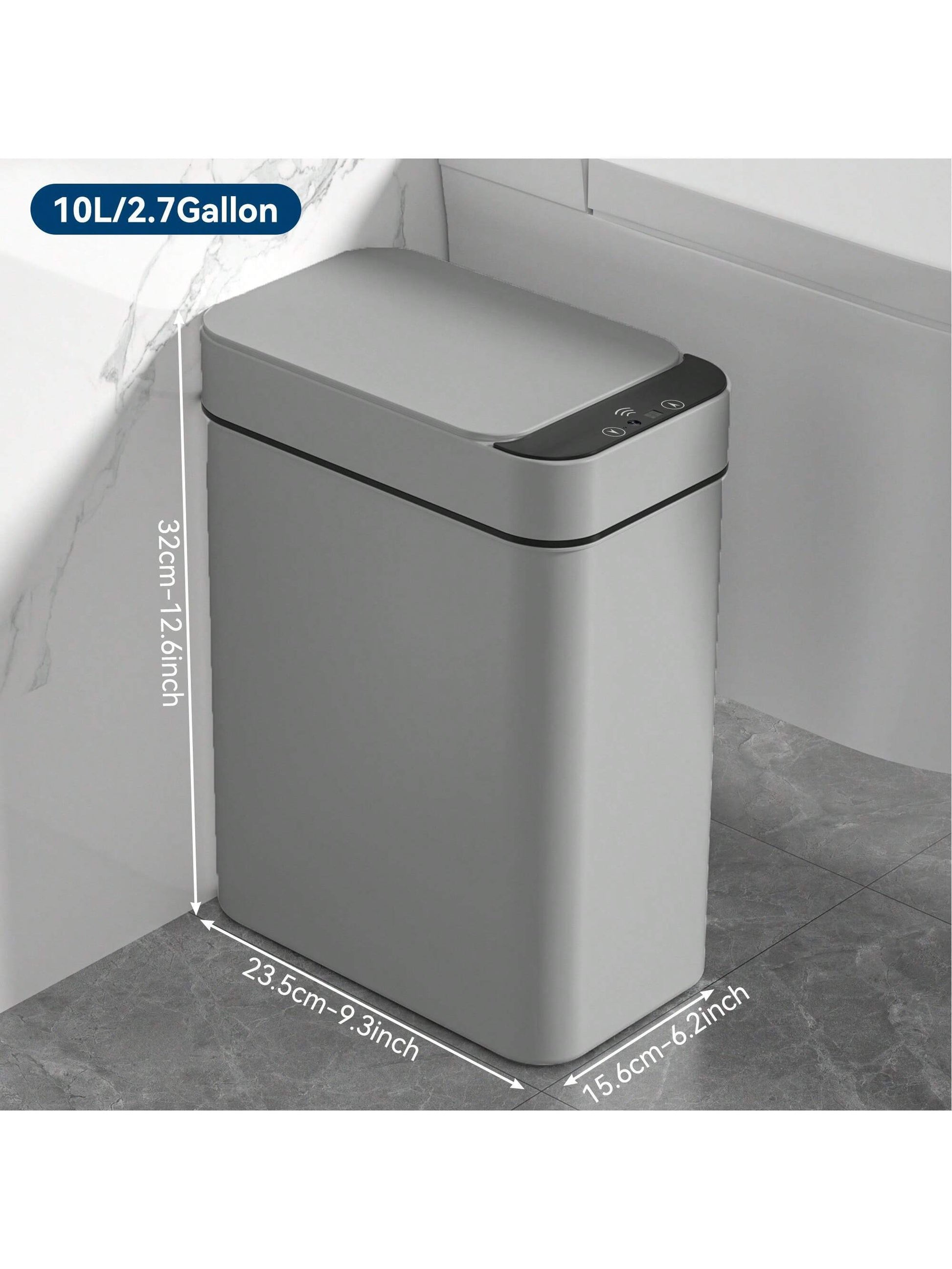 Automatic Motion Sensor Bathroom Trash Can with Lid, 2.7 Gallon Touchless Trash Bin, Electric Waterproof Narrow Small Rubbish Can, Smart Plastic Slim Garbage Can Small White& Grey Wastebasket for Kitchen, Toilet, Office, Rv, Bedroom, Living Room