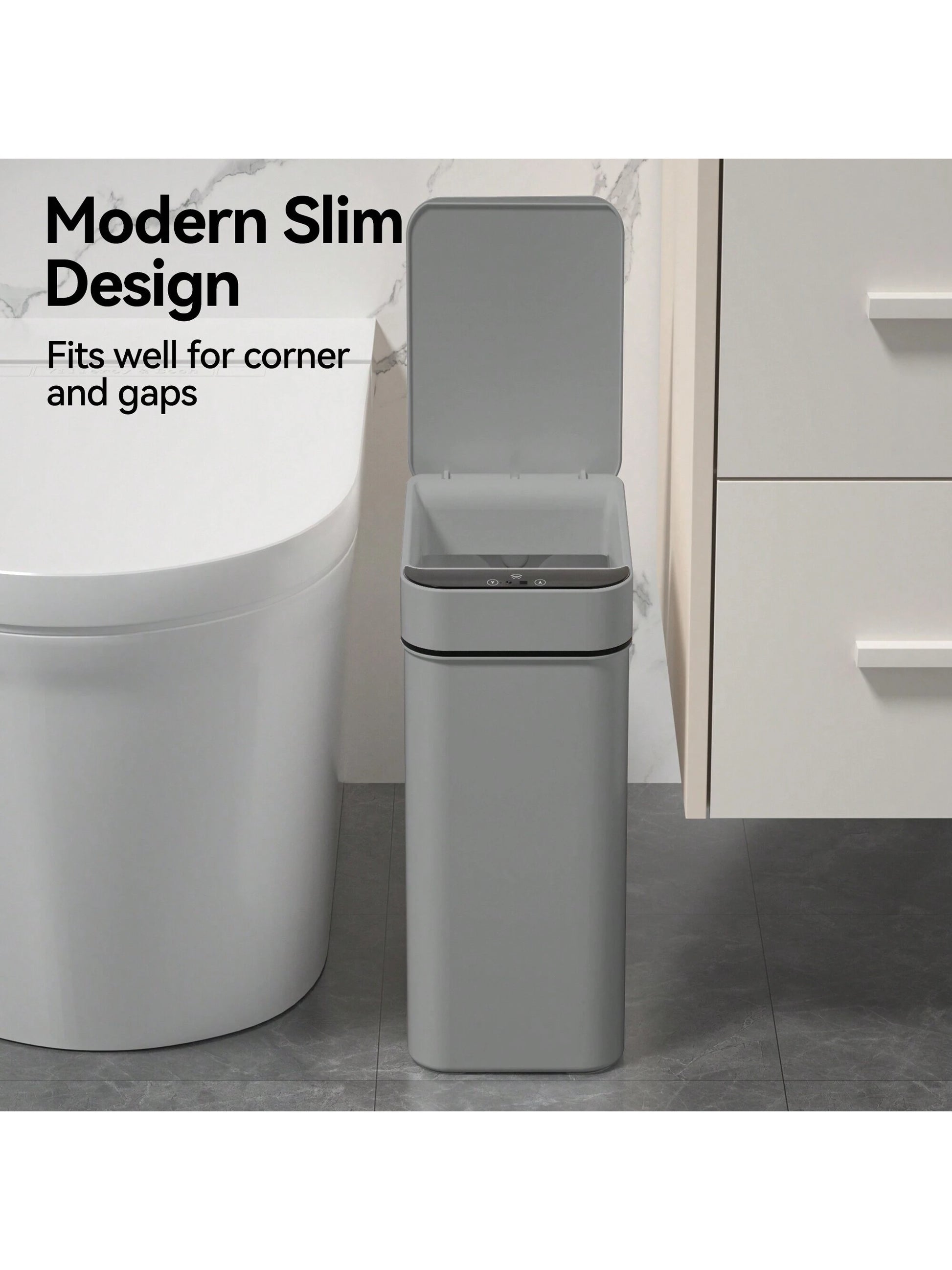 Automatic Motion Sensor Bathroom Trash Can with Lid, 2.7 Gallon Touchless Trash Bin, Electric Waterproof Narrow Small Rubbish Can, Smart Plastic Slim Garbage Can Small White& Grey Wastebasket for Kitchen, Toilet, Office, Rv, Bedroom, Living Room