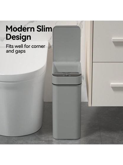 Automatic Motion Sensor Bathroom Trash Can with Lid, 2.7 Gallon Touchless Trash Bin, Electric Waterproof Narrow Small Rubbish Can, Smart Plastic Slim Garbage Can Small White& Grey Wastebasket for Kitchen, Toilet, Office, Rv, Bedroom, Living Room