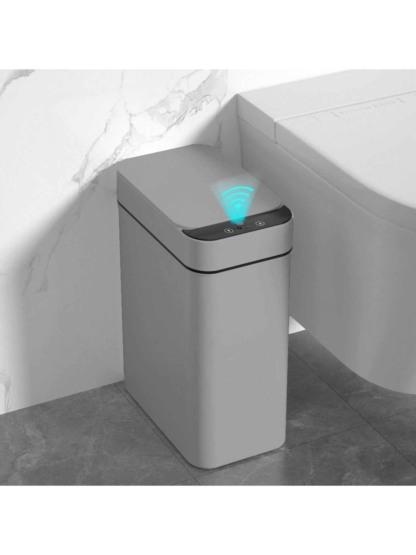 Automatic Motion Sensor Bathroom Trash Can with Lid, 2.7 Gallon Touchless Trash Bin, Electric Waterproof Narrow Small Rubbish Can, Smart Plastic Slim Garbage Can Small White& Grey Wastebasket for Kitchen, Toilet, Office, Rv, Bedroom, Living Room