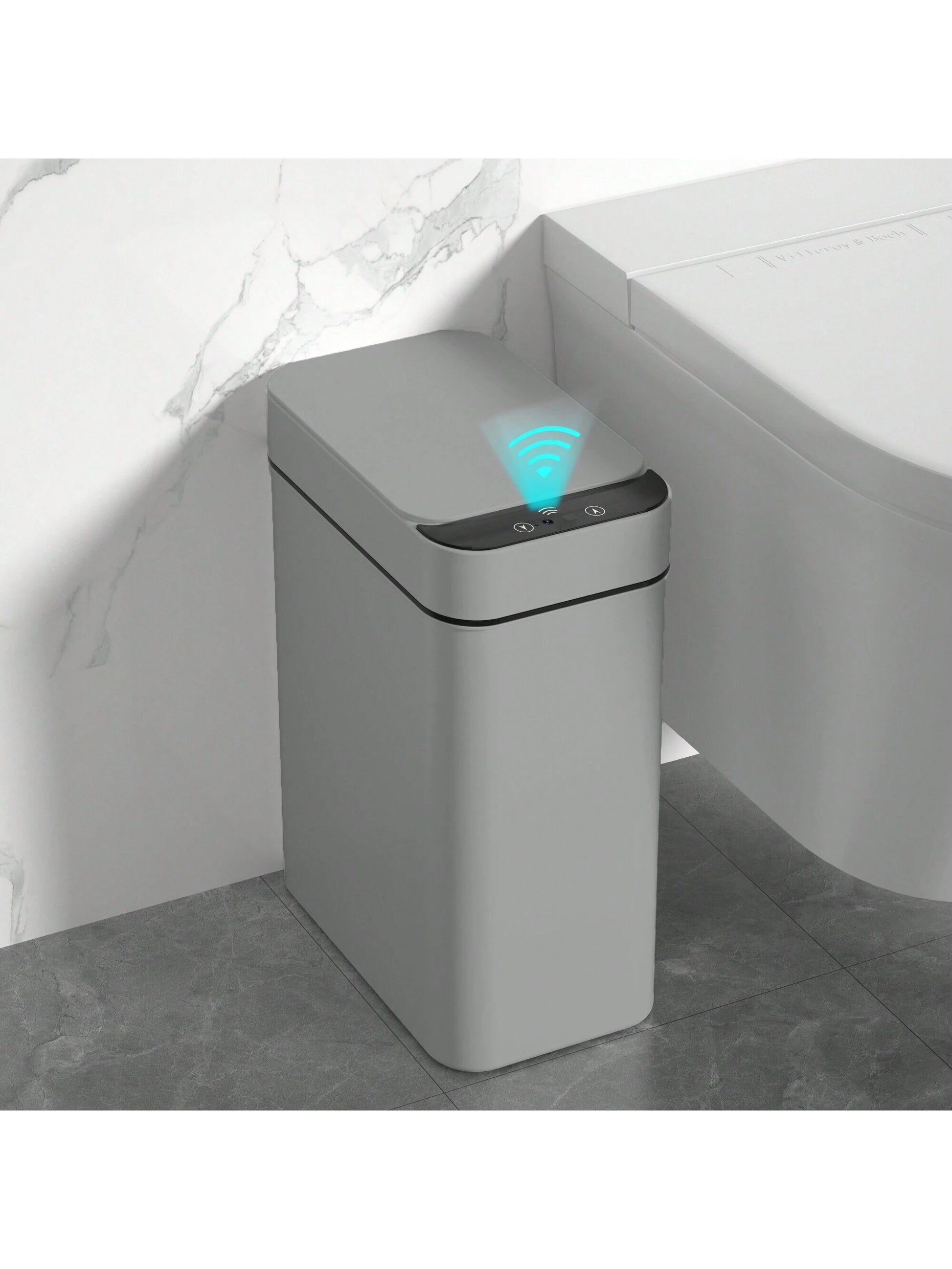 Automatic Motion Sensor Bathroom Trash Can with Lid, 2.7 Gallon Touchless Trash Bin, Electric Waterproof Narrow Small Rubbish Can, Smart Plastic Slim Garbage Can Small White& Grey Wastebasket for Kitchen, Toilet, Office, Rv, Bedroom, Living Room