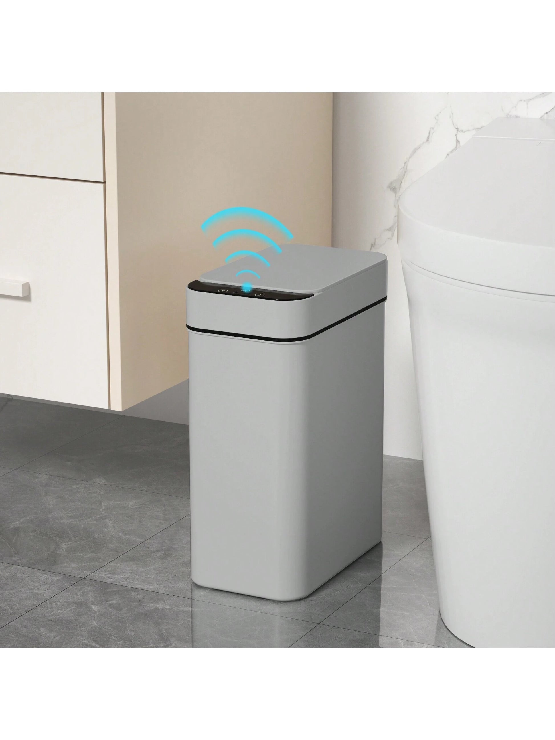 Automatic Motion Sensor Bathroom Trash Can with Lid, 2.7 Gallon Touchless Trash Bin, Electric Waterproof Narrow Small Rubbish Can, Smart Plastic Slim Garbage Can Small White& Grey Wastebasket for Kitchen, Toilet, Office, Rv, Bedroom, Living Room