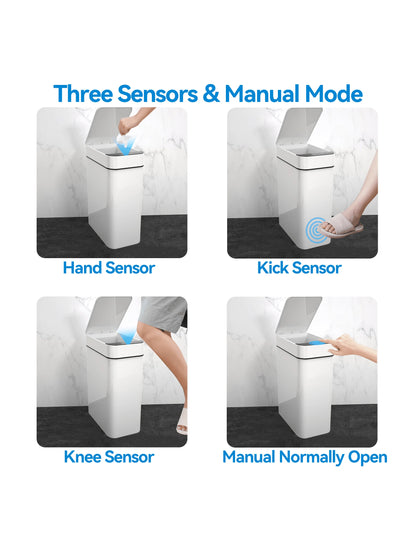 Automatic Motion Sensor Bathroom Trash Can with Lid, 2.7 Gallon Touchless Trash Bin, Electric Waterproof Narrow Small Rubbish Can, Smart Plastic Slim Garbage Can Small White& Grey Wastebasket for Kitchen, Toilet, Office, Rv, Bedroom, Living Room