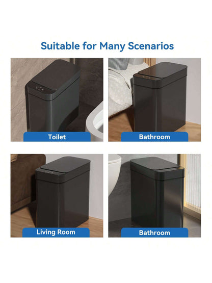 Automatic Motion Sensor Bathroom Trash Can with Lid, 2.7 Gallon Touchless Trash Bin, Electric Waterproof Narrow Small Rubbish Can, Smart Plastic Slim Garbage Can Small White& Grey Wastebasket for Kitchen, Toilet, Office, Rv, Bedroom, Living Room
