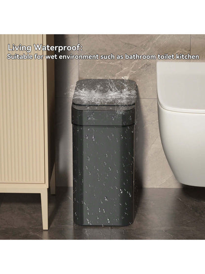 Automatic Motion Sensor Bathroom Trash Can with Lid, 2.7 Gallon Touchless Trash Bin, Electric Waterproof Narrow Small Rubbish Can, Smart Plastic Slim Garbage Can Small White& Grey Wastebasket for Kitchen, Toilet, Office, Rv, Bedroom, Living Room