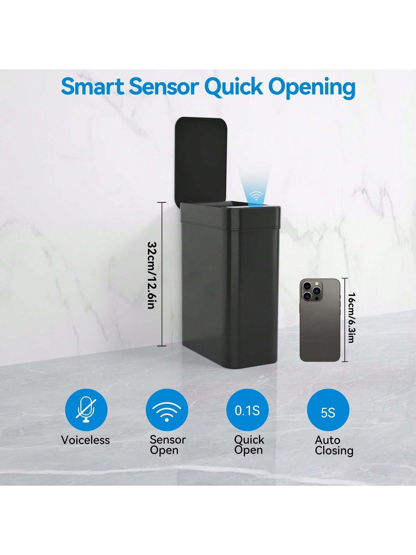 Automatic Motion Sensor Bathroom Trash Can with Lid, 2.7 Gallon Touchless Trash Bin, Electric Waterproof Narrow Small Rubbish Can, Smart Plastic Slim Garbage Can Small White& Grey Wastebasket for Kitchen, Toilet, Office, Rv, Bedroom, Living Room