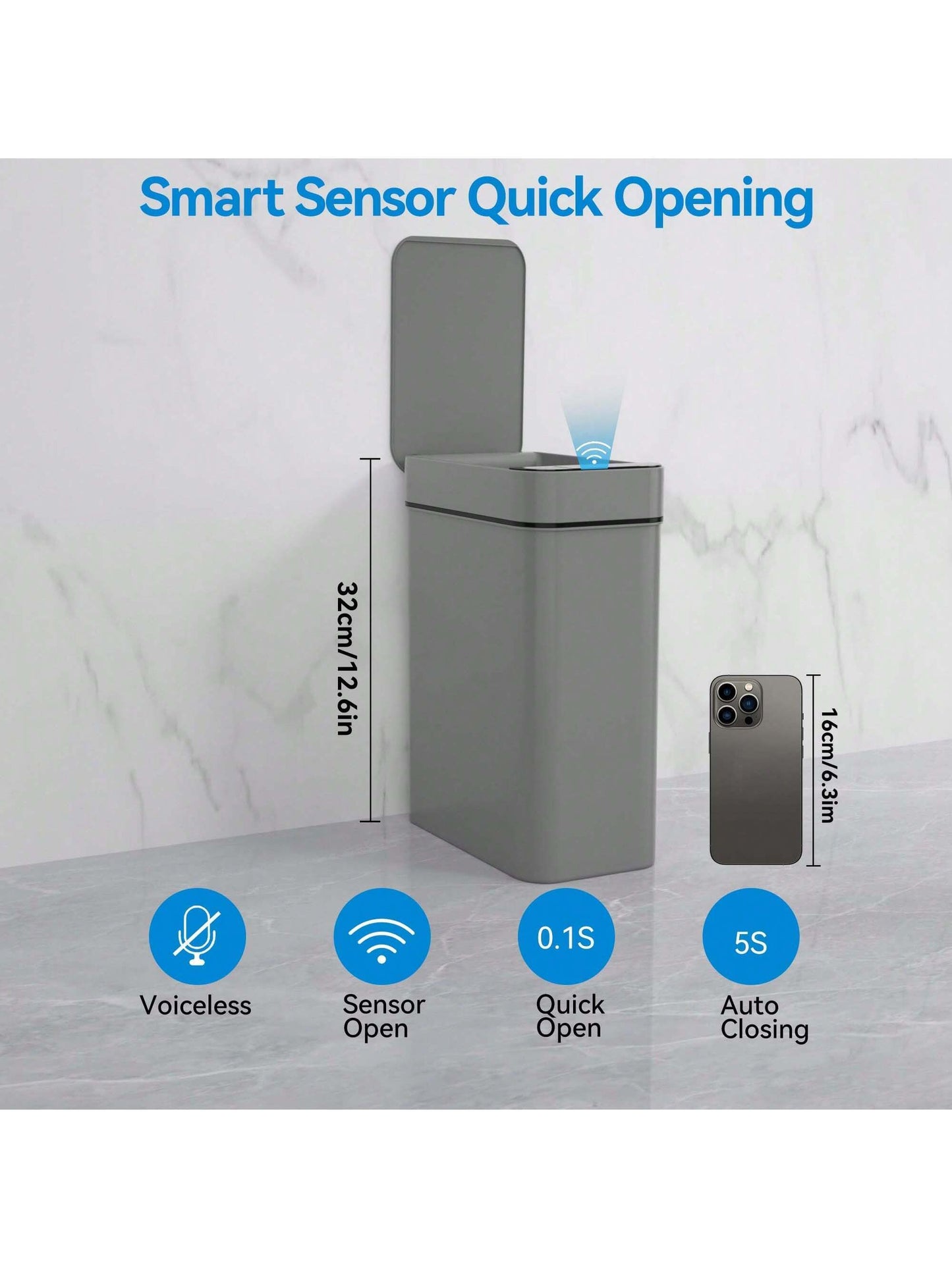 Automatic Motion Sensor Bathroom Trash Can with Lid, 2.7 Gallon Touchless Trash Bin, Electric Waterproof Narrow Small Rubbish Can, Smart Plastic Slim Garbage Can Small White& Grey Wastebasket for Kitchen, Toilet, Office, Rv, Bedroom, Living Room