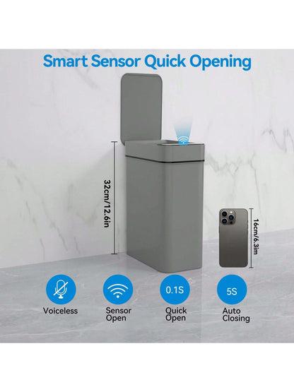 Automatic Motion Sensor Bathroom Trash Can with Lid, 2.7 Gallon Touchless Trash Bin, Electric Waterproof Narrow Small Rubbish Can, Smart Plastic Slim Garbage Can Small White& Grey Wastebasket for Kitchen, Toilet, Office, Rv, Bedroom, Living Room