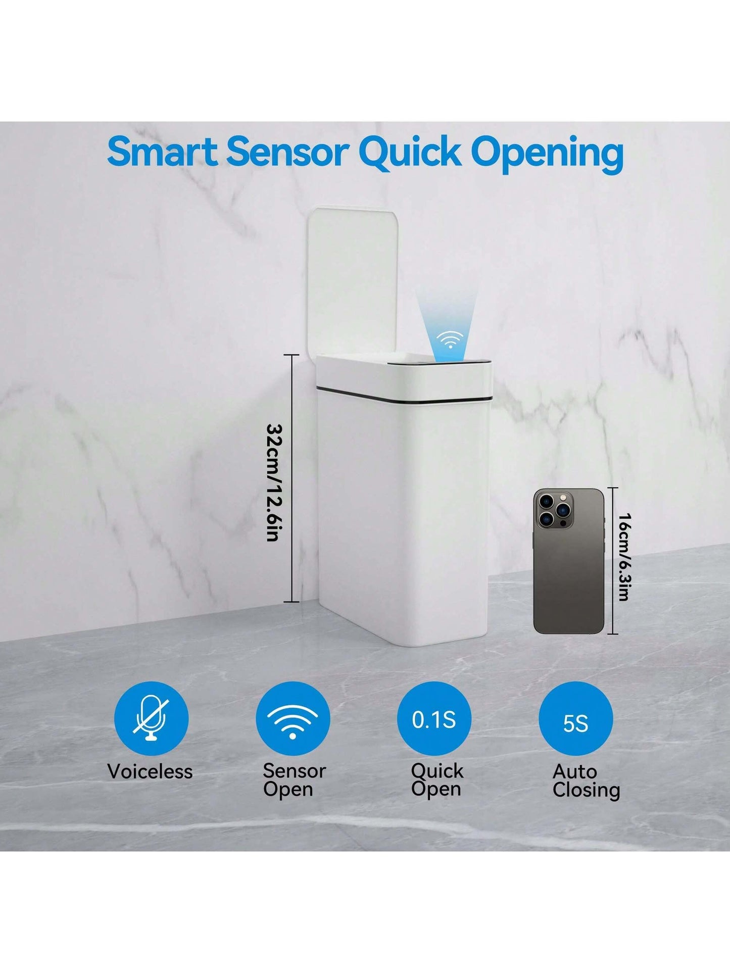 Automatic Motion Sensor Bathroom Trash Can with Lid, 2.7 Gallon Touchless Trash Bin, Electric Waterproof Narrow Small Rubbish Can, Smart Plastic Slim Garbage Can Small White& Grey Wastebasket for Kitchen, Toilet, Office, Rv, Bedroom, Living Room