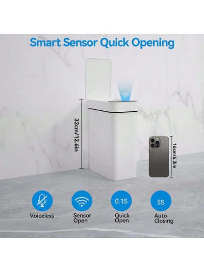 Automatic Motion Sensor Bathroom Trash Can with Lid, 2.7 Gallon Touchless Trash Bin, Electric Waterproof Narrow Small Rubbish Can, Smart Plastic Slim Garbage Can Small White& Grey Wastebasket for Kitchen, Toilet, Office, Rv, Bedroom, Living Room