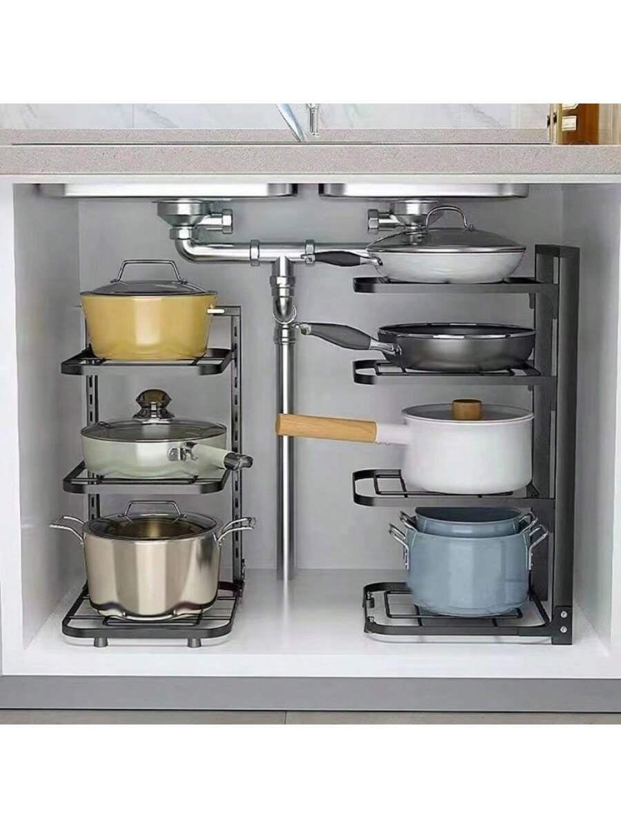 1Pc 2/3/4-Iayer Kitchen Storage Rack Pot Rack Kitchen Organizer Sewer Storage Rack Multi-Layer Adjustable Cabinet Table Corner Storage Rack