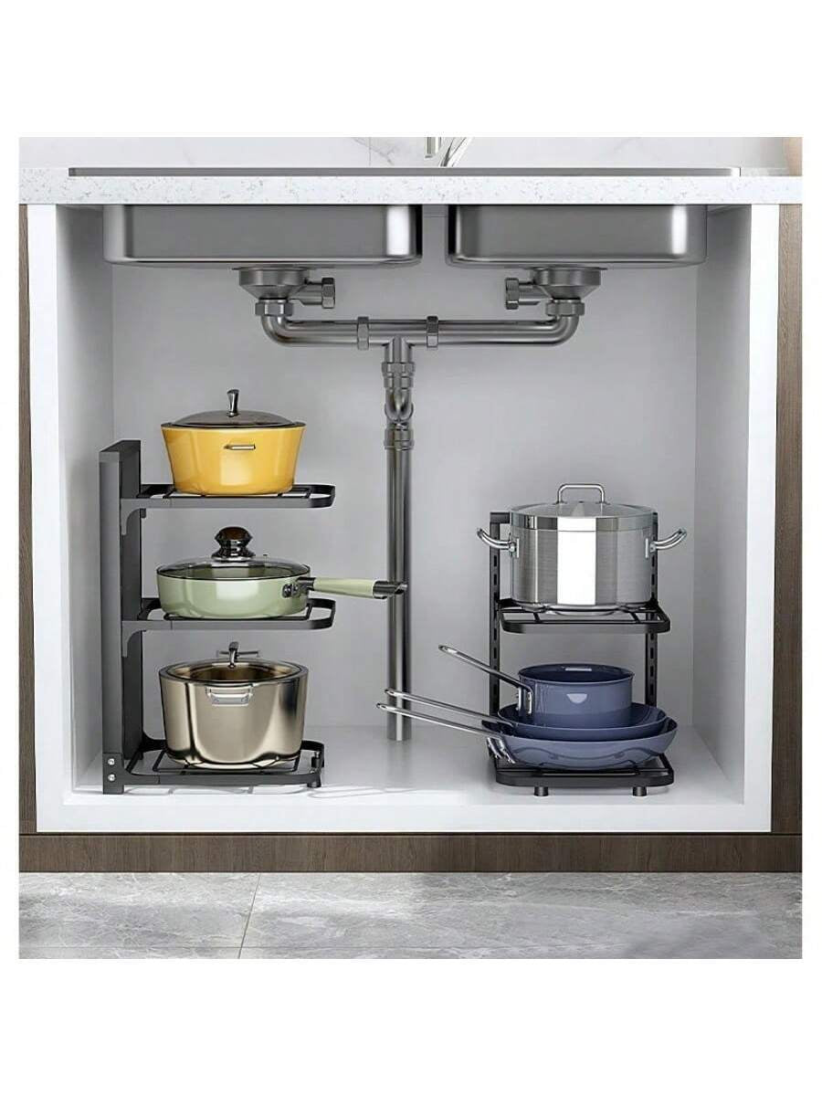 1Pc 2/3/4-Iayer Kitchen Storage Rack Pot Rack Kitchen Organizer Sewer Storage Rack Multi-Layer Adjustable Cabinet Table Corner Storage Rack