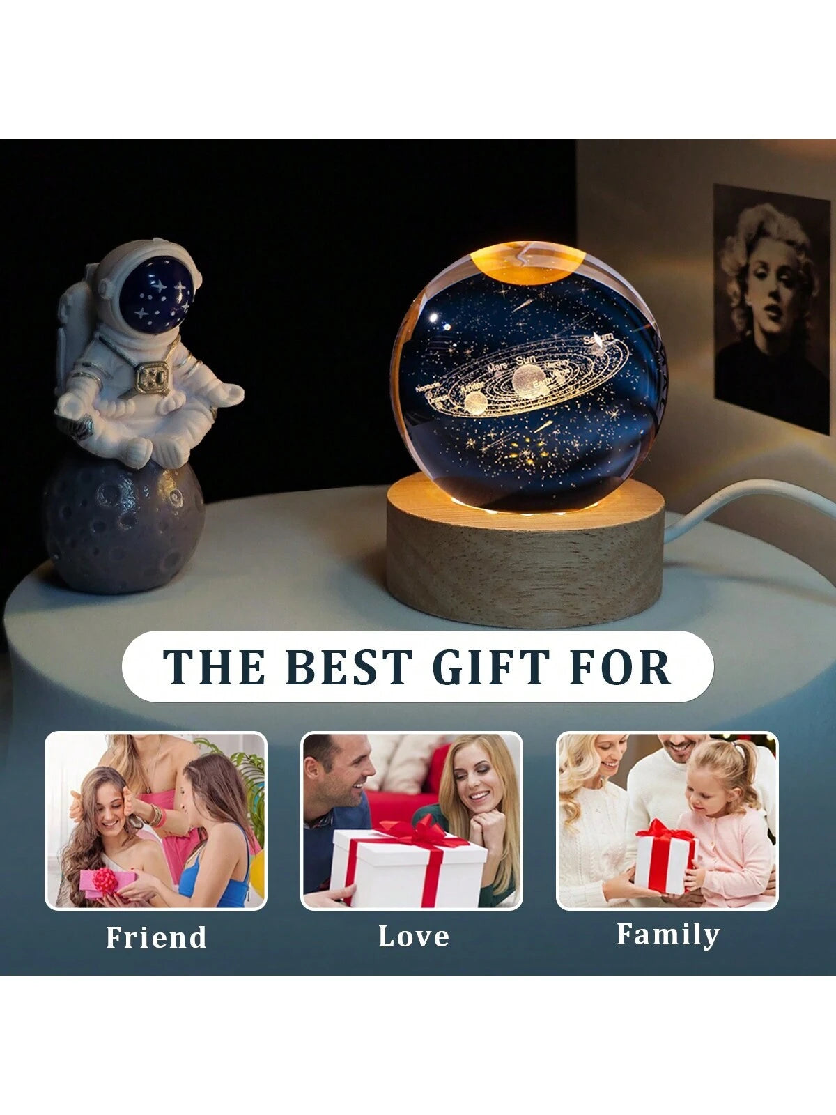 Material - Star Night Lights Solar System Crystal Ball Made of Crystal. 3D Crystal Ball Led Night Light Is Solar System Space Themed and Even after a Lifetime of Use, Crystals Never Lose Their Original Shine.Solar System Crystal Night Light