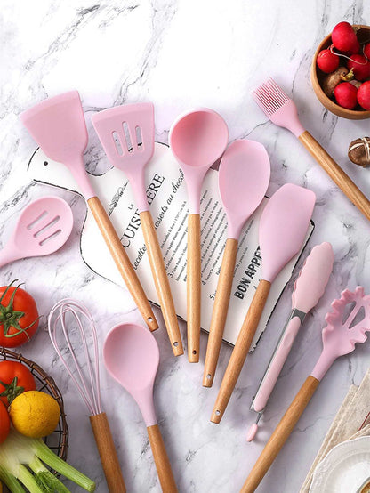 1Set of 12Piece/ 3Pcs/1Pcsilicone Cooking Utensil Set,Wood Handle Non-Stick Kitchen Gadget Tool Set for Kitchen