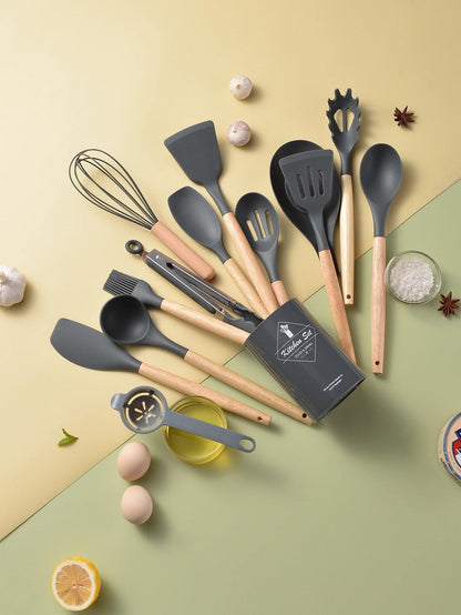 14 Pcs Silicone Cooking Kitchen Utensils Set with Holder, Wooden Handles BPA Free Silicone Turner Tongs Spatula Spoon Kitchen Gadgets Utensil Set for Nonstick Cookware (Pink)