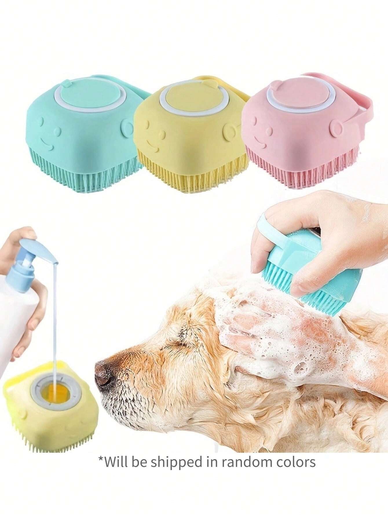Pet Shampoo Brush, Silicone Massage Rubber Bath Comb with Shampoo Dispenser, for Dogs and Cats Grooming Tool, Random Color Delivery