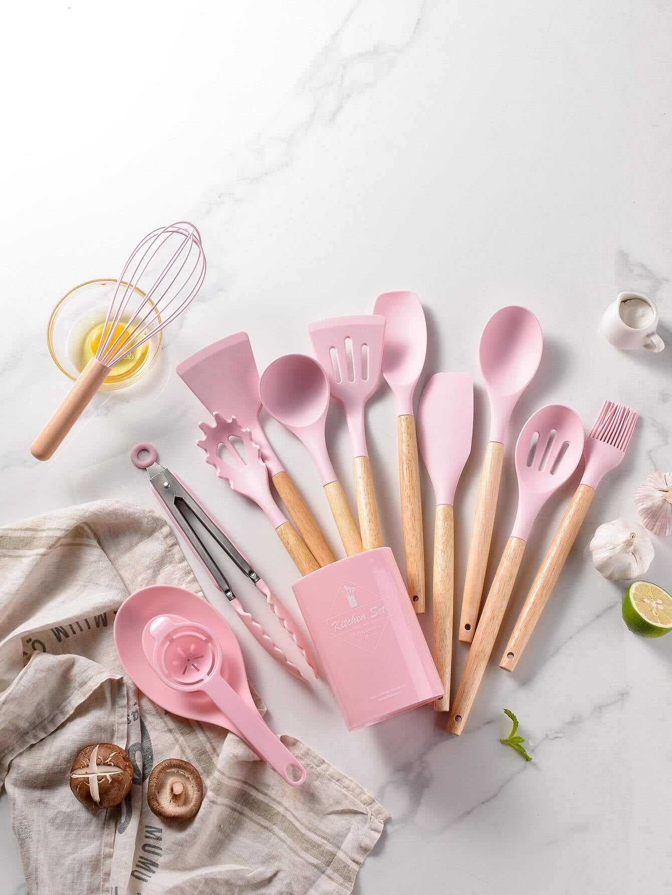 14 Pcs Silicone Cooking Kitchen Utensils Set with Holder, Wooden Handles BPA Free Silicone Turner Tongs Spatula Spoon Kitchen Gadgets Utensil Set for Nonstick Cookware (Pink)