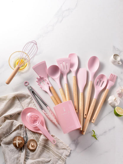 14 Pcs Silicone Cooking Kitchen Utensils Set with Holder, Wooden Handles BPA Free Silicone Turner Tongs Spatula Spoon Kitchen Gadgets Utensil Set for Nonstick Cookware (Pink)