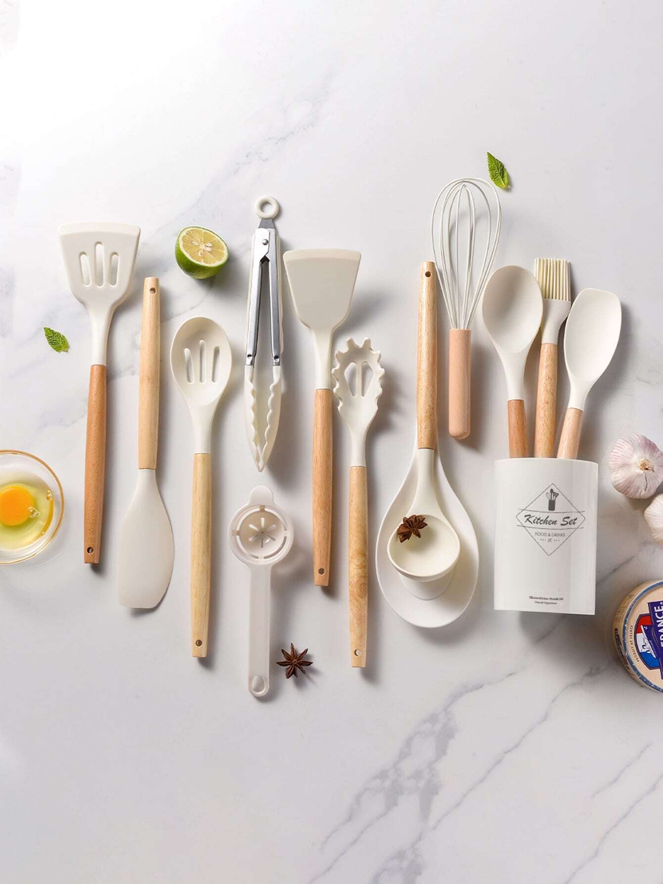 14 Pcs Silicone Cooking Kitchen Utensils Set with Holder, Wooden Handles BPA Free Silicone Turner Tongs Spatula Spoon Kitchen Gadgets Utensil Set for Nonstick Cookware (Pink)