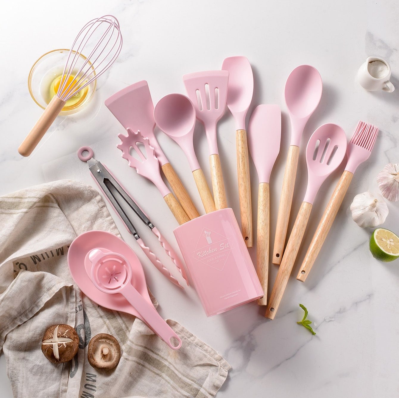 14 Pcs Silicone Cooking Kitchen Utensils Set with Holder, Wooden Handles BPA Free Silicone Turner Tongs Spatula Spoon Kitchen Gadgets Utensil Set for Nonstick Cookware (Pink)