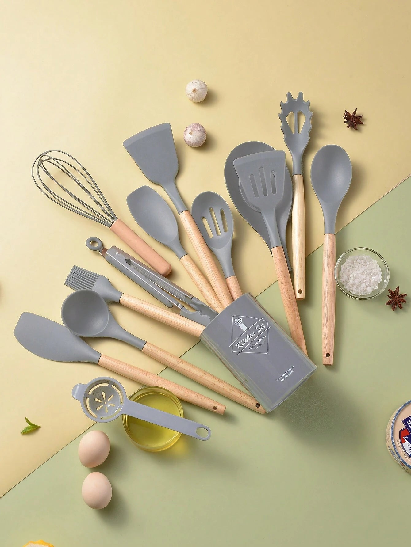 14 Pcs Silicone Cooking Kitchen Utensils Set with Holder, Wooden Handles BPA Free Silicone Turner Tongs Spatula Spoon Kitchen Gadgets Utensil Set for Nonstick Cookware (Pink)