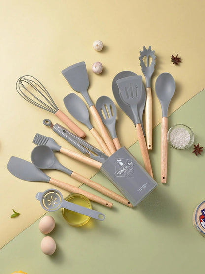 14 Pcs Silicone Cooking Kitchen Utensils Set with Holder, Wooden Handles BPA Free Silicone Turner Tongs Spatula Spoon Kitchen Gadgets Utensil Set for Nonstick Cookware (Pink)